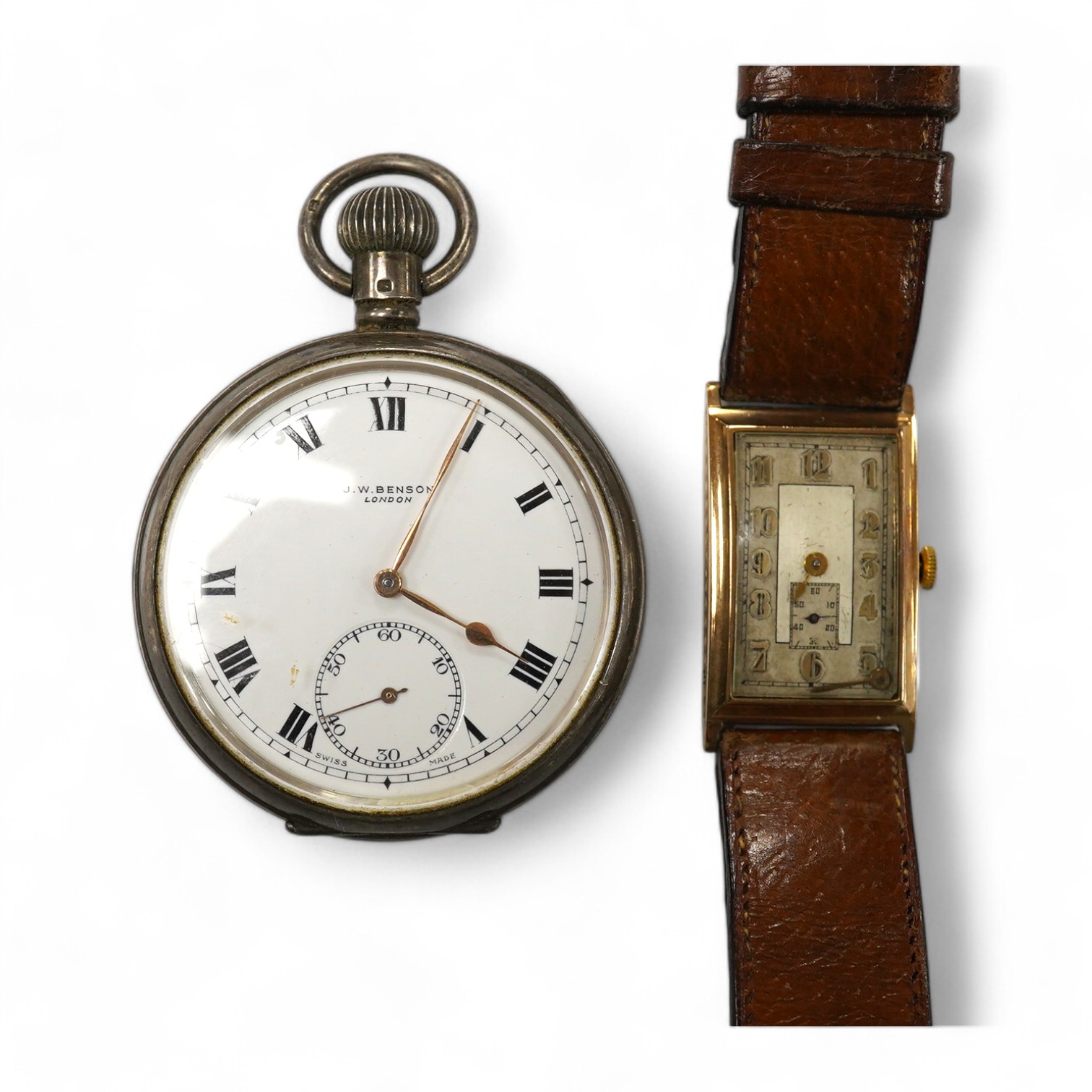 A gentleman's 1930's 9ct gold rectangular dial manual wind wrist watch, with Arabic dial and subsidiary seconds, case diameter 22mm, together with a George V silver J.W. Benson open faced pocket watch. Condition - poor t